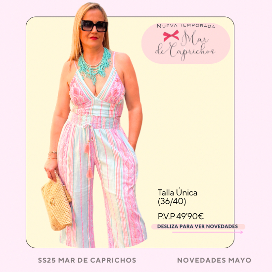 Conjunto en tonos pastel y flúor de la colección SS25 de Mar de Caprichos, con diseño fluido y estampado llamativo, ideal para looks veraniegos.