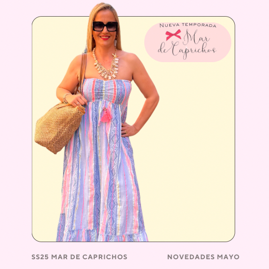 Vestido palabra de honor en tonos pastel y flúor de la colección SS25 de Mar de Caprichos, con diseño fluido y versátil.